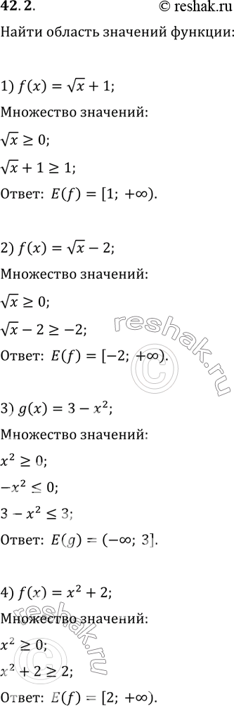 Изображение 42.2. Найдите область значений функции:1) f(x)=vx+1;   6) h(x)=v(x^2+4)-5;2) f(x)=vx-2;   7) f(x)=v(-x^2);3) f(x)=3-x^2;   8) f(x)=v(x-3)-v(3-x);4) f(x)=x^2+2;  ...