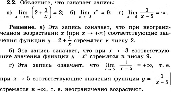Изображение 2.2 Объясните, что означает запись:a) lim x-> бесконечность (2 + 1/x) = 2;	б) lim x-> -3 (х2) = 9;в) lim x->5 1/|x-5| = +бесконечность;	г) lim x->5 1/(x-5) =...