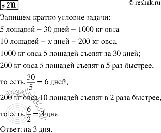Изображение 210 В конноспортивной школе на 5 лошадей за 30 дней расходуется 1000 кг овса. На сколько дней хватит 200 кг овса для 10 лошадей при той же...