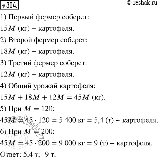 Изображение 304 Фермер занял под картофель 15 соток, а его соседи — 18 соток и 12 соток. Запишите выражения для определения будущего урожая картофеля в каждом хозяйстве и общего...