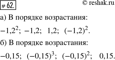Изображение 62 Расположите в порядке возрастания числа:а) -1,2; —1,2^2; 1,2; (-1,2)2;б) 0,15; -0,15; (-0,15)2;...