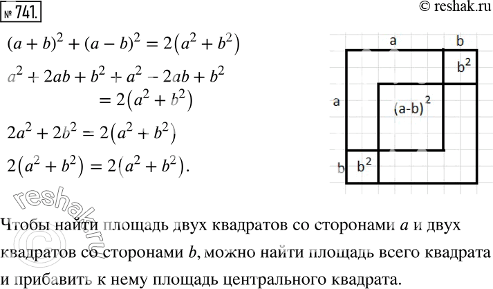 Изображение 741 Докажите, что (а + b)2 + (а - b)2 = 2(а2 + b2). Поясните это равенство с помощью рисунка...