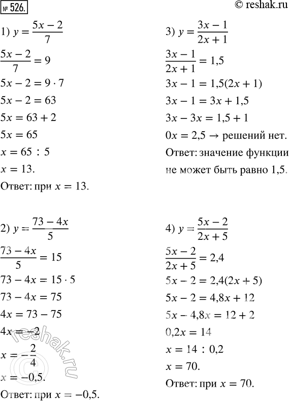 Изображение 526. При каких значениях х значение функции:1) y = (5x-2)/7 равно 9;     3) у = (3x-1)/(2x+1) равно 1,5;2) y = (73-4x)/5 равно 15;   4) у = (5x-2)/(2x+5) равно...