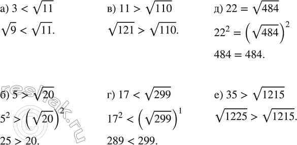 Изображение 261. Не используя калькулятор, сравните:а) 3 и v11; б) 5 и v20; в) 11 и v110; г) 17 и v299; д) 22 и v484; е) 35 и v1215....