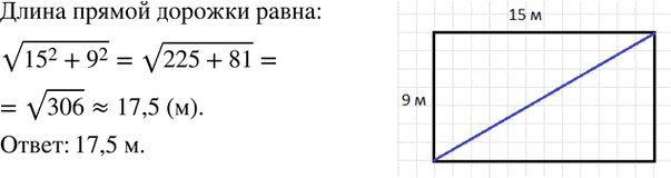 Изображение 277. Сквер в форме прямоугольника имеет длину 15 м и ширину 9 м. Какова длина прямой дорожки, пересекающей сквер по его...