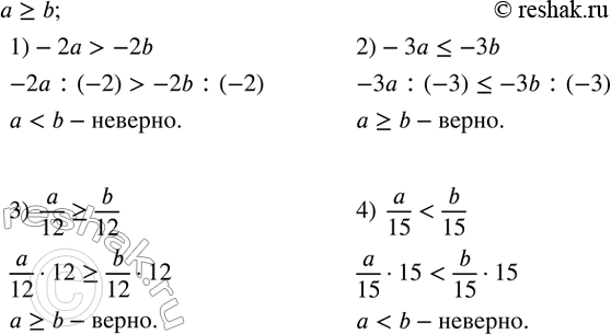 Изображение 80. Пусть a?b. Верно ли неравенство:1)  -2a>-2b;2)  -3a?-3b;3)  a/12?b/12;4) ...