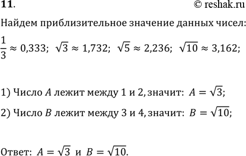 Изображение 11. На координатной прямой (рис. 1.5) точками А и В отмечены два из следующих чисел:1/3;  v3;  v5;  v10;Какое число соответствует точке А и какое — точке...