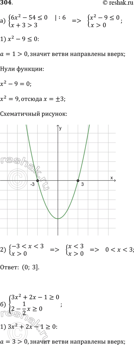 Изображение 304 Решите систему неравенств:а) 6x^2 - 54 ? 0  и  x + 3 > 3;б) 3x^2 + 2x - 1 ? 0  и  2 - 1/2 x ? 0;в) 6x^2 + 7x + 1 ? 0  и  x^2 - 4 ? 0;г) x^2 - 1 ? 0  и  x^2 -...