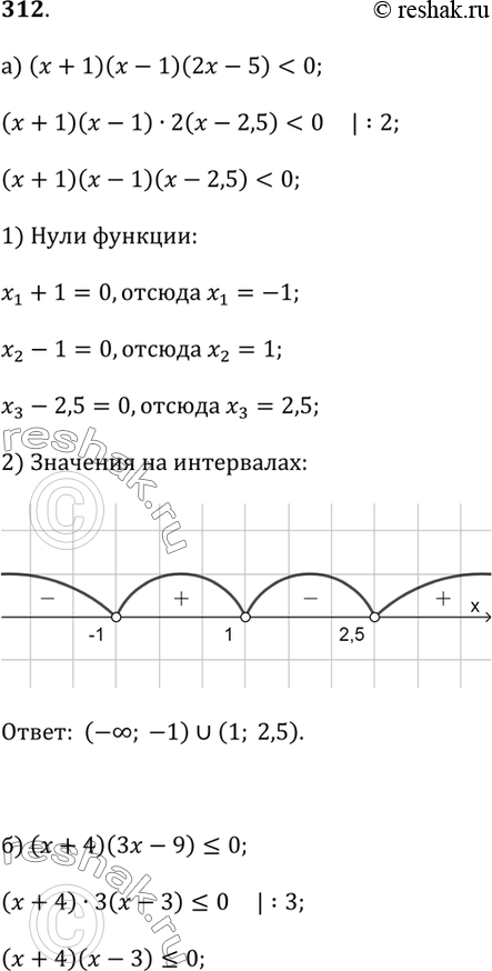 Изображение 312. Решите неравенство:а) (х + 1)(х - 1)(2х - 5) < 0;   в) х(2х - 3)(х + 5) > 0;б) (х + 4)(3х - 9) ? 0;   г) (х - 3)(3х - 2)(х + 2) ? 0.Подсказка. Преобразуйте...