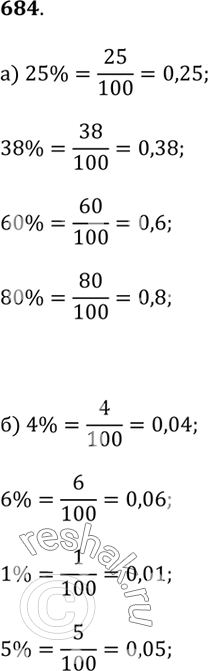 Изображение 684. Выразите десятичной дробью: а) 25%; 38%; 60%; 80%;б) 4%; 6%; 1%; 5%;в) 0,3%; 0,1%; 0,5%; 0,02%;г) 106%; 127%; 140%;...