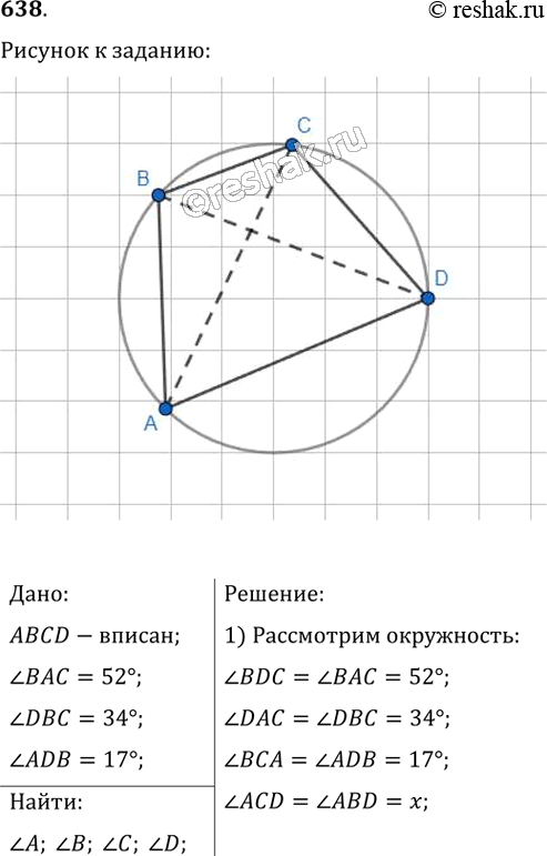 Изображение 638. Четырёхугольник ABCD вписан в окружность, угол ВАС = 52°, угол DBC = 34°, угол ADB = 17°. Найдите углы...