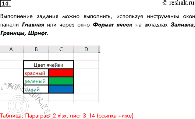 Изображение 14. Введите в электронную таблицу необходимые данные и оформите их но образцу (название цвета определяет цвет его шрифта и цвет фона ячейки сирава от...