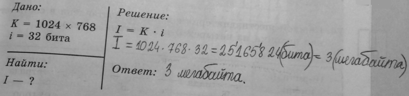Изображение 71. Вычислите необходимый объём видеопамяти для графического режима, если разрешение экрана монитора 1024 x 768, глубина цвета 32 бита.1 Мбайт=223...